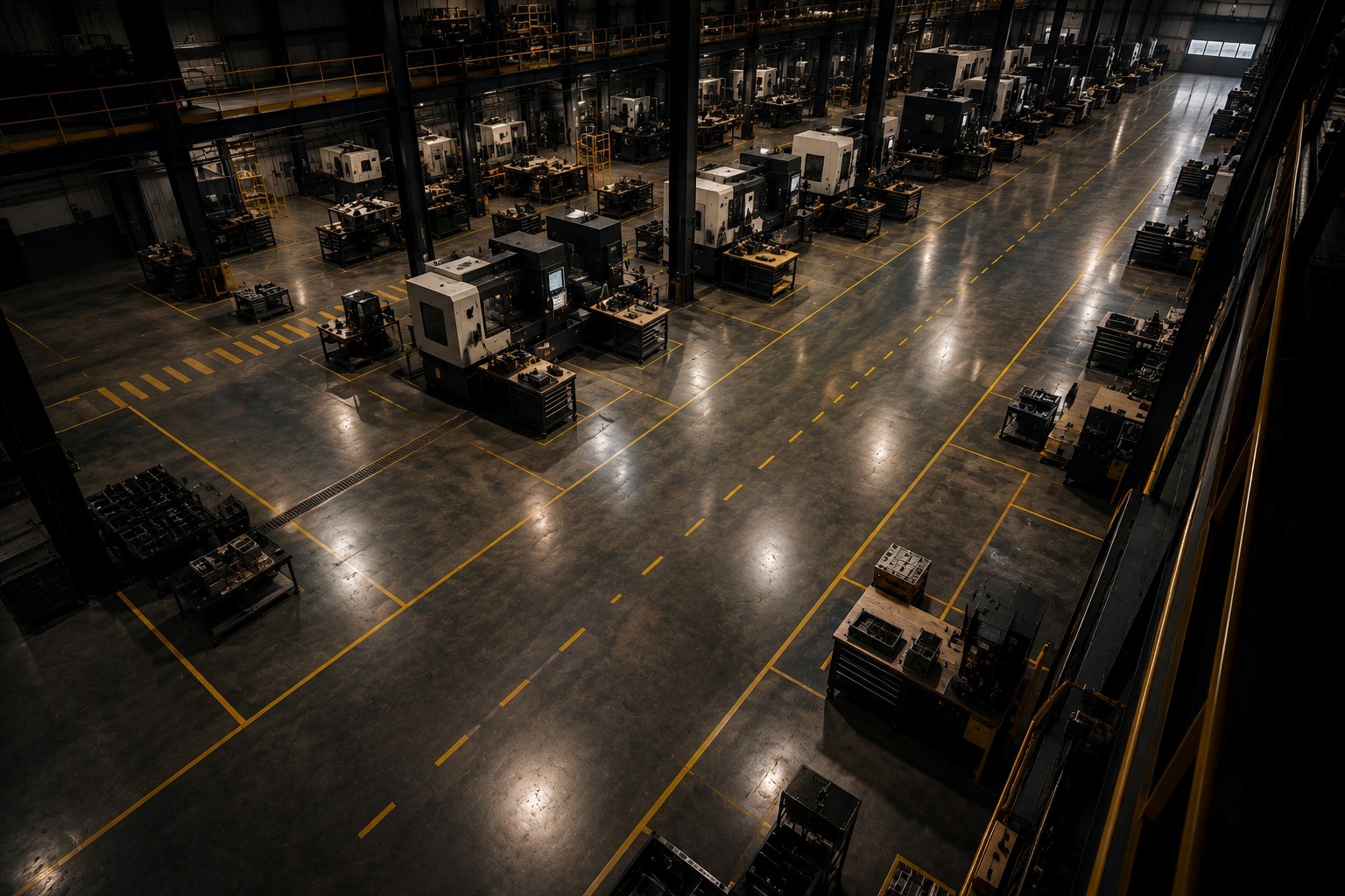 Chão de fábrica moderno com equipamentos industriais